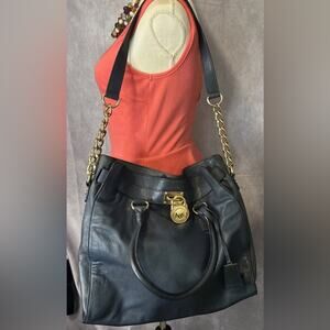 Michael Kors Hamilton Dark Blue/Black Saffiano Leather Satchel Shoulder Bag $498
